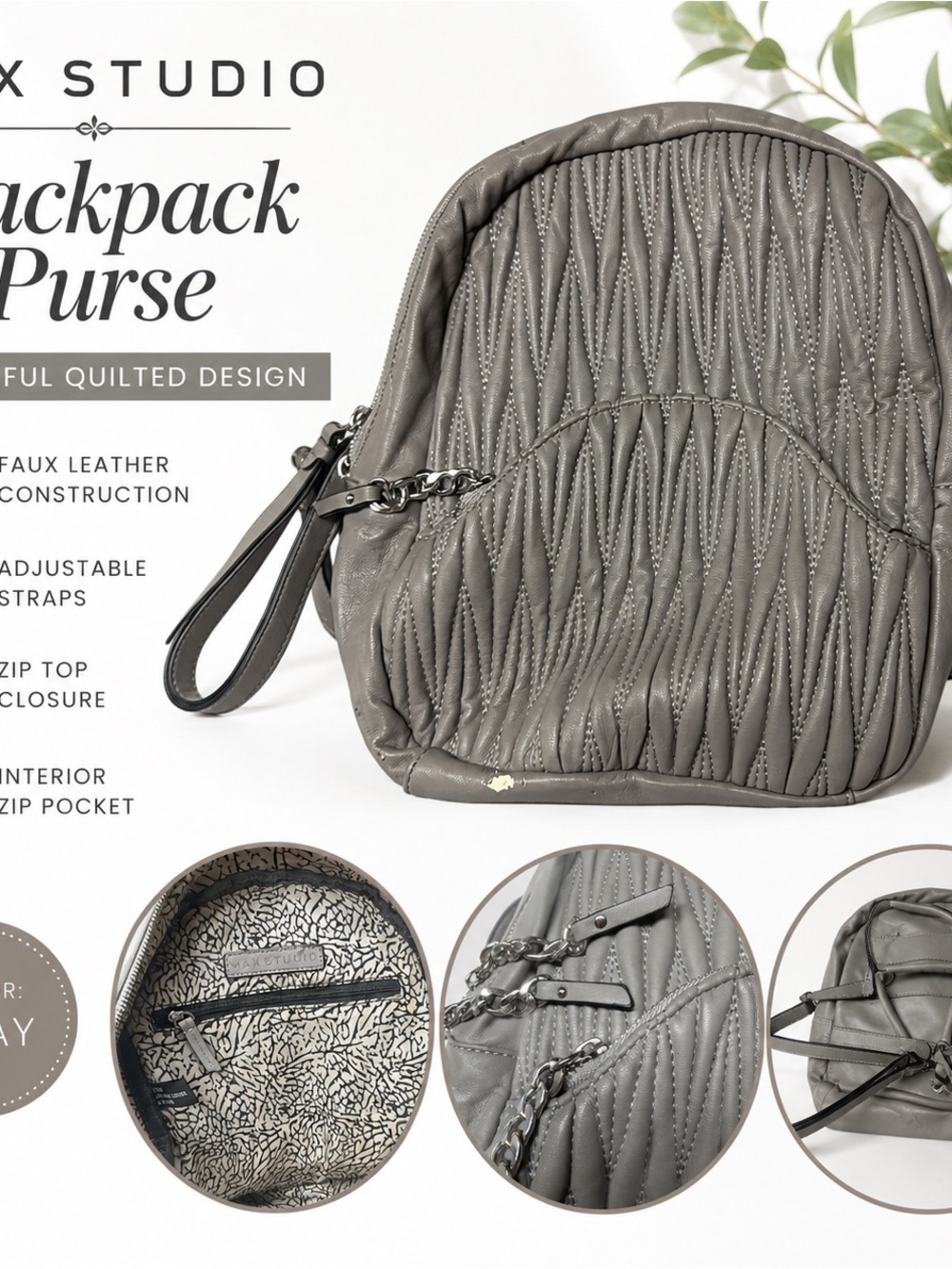 Max Studio Quilted Gray Backpack Purse with Chain Accent